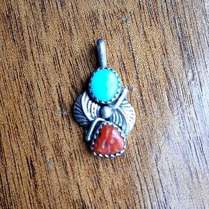 Sterling Turqouise and Red Coral with Feather detail Native American Pendant